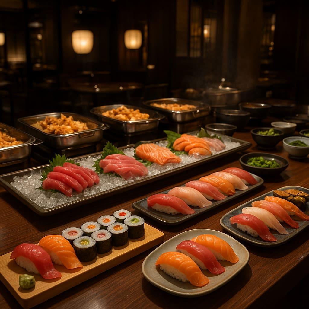 Japanisches Buffet mit Sushi und warmen Speisen